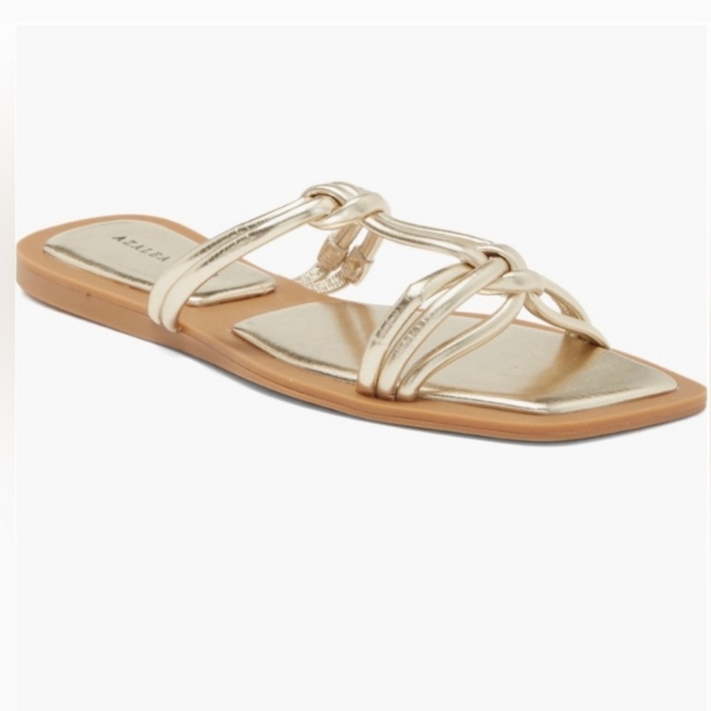 Azalea Wang Gold Metallic Knotted Strappy Square Toe Flat Slide‎ Sandals NEW